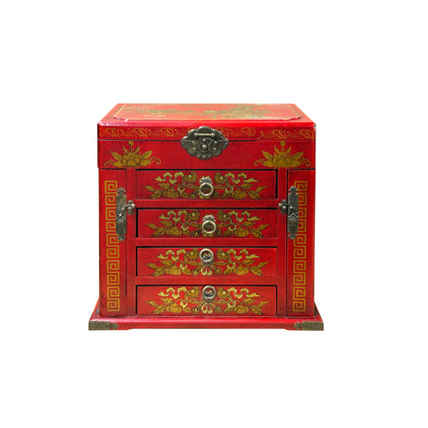 Chinese Oriental Red Flower Birds Mirror Rectangular Jewelry Box GB214S