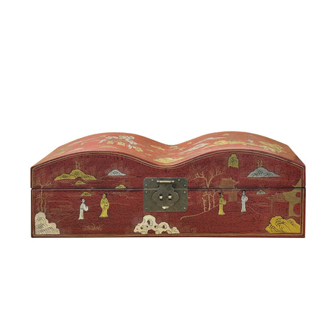 Red Lacquer Chinoiserie-style Gold Silver Scenery Graphic Rectangular Box GB230S
