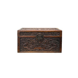Oriental Dragons Motif Treasure Chest Box Distressed Brown Color Wood GB238S