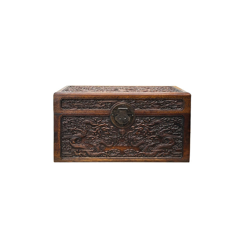 Oriental Dragons Motif Treasure Chest Box Distressed Brown Color Wood GB238S