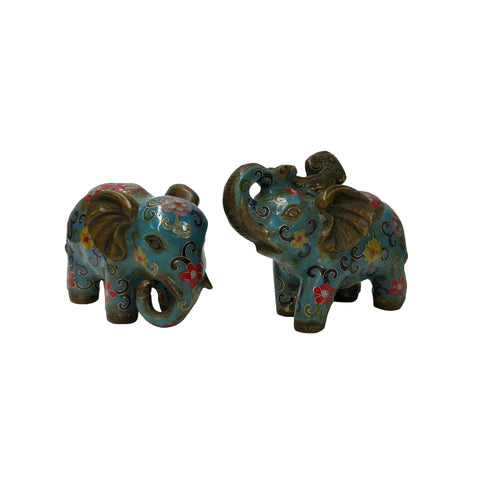 Pair Turquoise Teal Enamel Fortune Fengshui Elephant Metal Figures GB245S