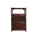 Chinese Open Carving Narrow Wood Grain Brown Side Table Cabinet GB252S