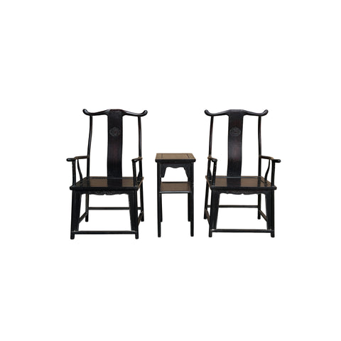 Chinese Traditional Black Brown Yoke-Back Armchair Set w Small Table GB257S