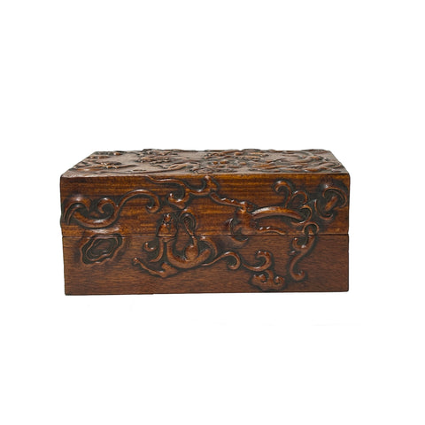 Oriental Relief Mythical Figure Motif Brown Natural Wood Small Accent Box GB281S