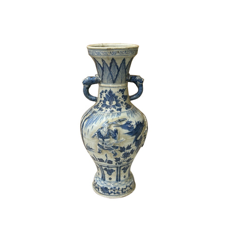 Oriental Distressed White Blue Relief People Motif Porcelain Art Vase GB289S