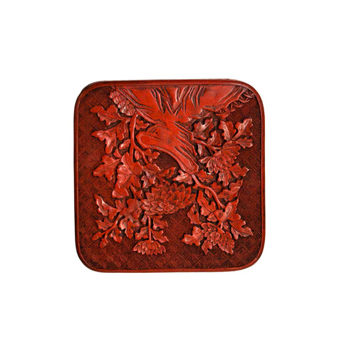 Handcrafted Vintage Chinese Red Lacquer Square Floral Accent Box GB290S