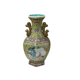 Chinese Yellow Base Hexagon Canton Famille Rose Porcelain Art Vase GB312S