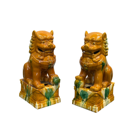 Pair Chinese Tri-Color Mustard Yellow Glaze Fengshui Lions Foo Dogs GB402S cs2368