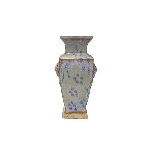 Ceramic Pale White Blue Flecks Ram Heads Motif Square Art Vase GB630S / GB577