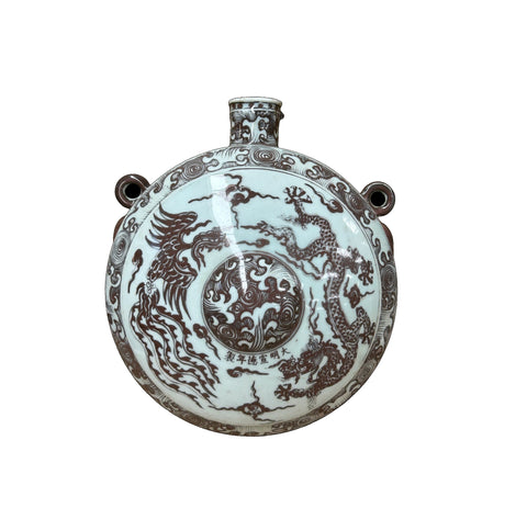 Chinese Flask Moon Copper Red Dragon Phoenix Porcelain Art Vase GB591S