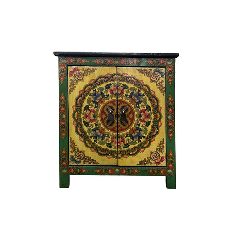Tibetan Style Green Floral Mandala Graphic End Table Nightstand GB593S