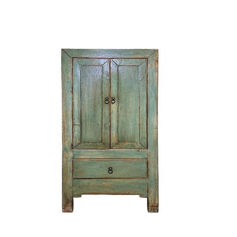 Distressed Light Teal Color Slim End Table Nightstand Cabinet GB594S
