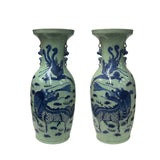 Pair Chinese Light Celadon Blue Kirin Graphic Tall Porcelain Art Vases GB597S