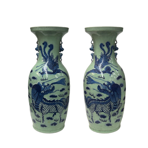Pair Chinese Light Celadon Blue Kirin Graphic Tall Porcelain Art Vases GB597S