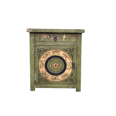 Distressed Sage Green Floral Graphic End Table Nightstand GB601S