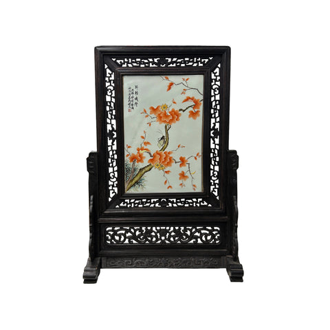 Chinese Orange Blossoms Porcelain Painting Wood Frame Tabletop Screen Art GB603