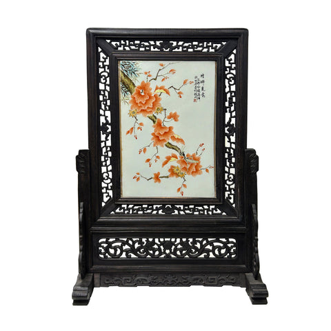 Chinese Orange Blossoms Porcelain Painting Wood Frame Tabletop Screen Art GB604