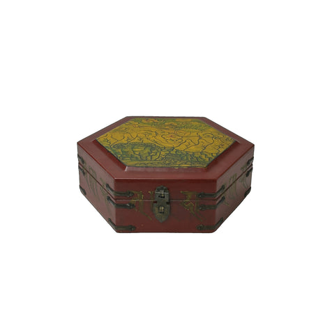 Oriental Hexagonal Red Color Mythical Figure Drawing Accent Box GB605S