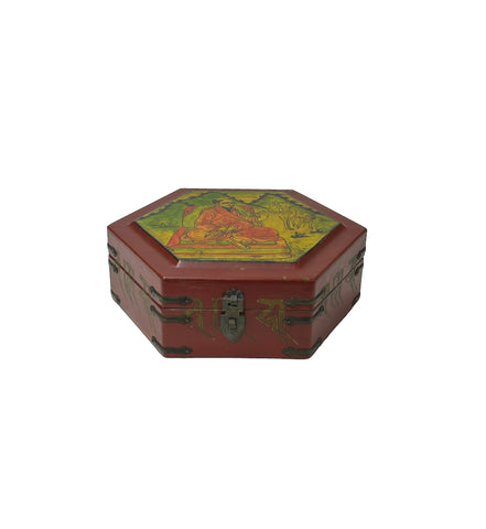 Oriental Hexagonal Red Color Lohans Monks Drawing Accent Box GB606S