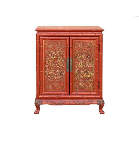 Oriental Red Matte Golden Relief Carving Small Cabinet Chest GB609S