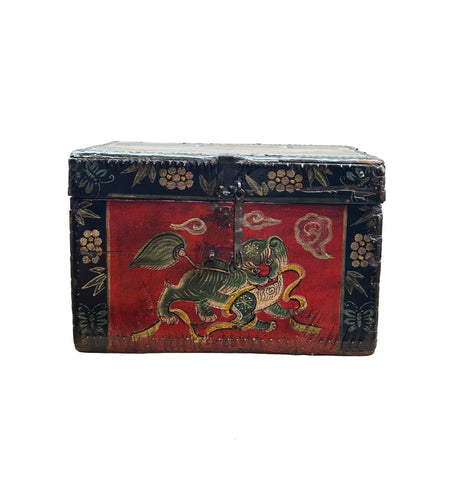 Vintage  Distressed Tibetan Style Foo Dog Lion Storage Chest Box GB614S