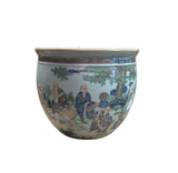 Vintage Oriental 18 Arhats Graphic Porcelain Round Pot Planter GB615S