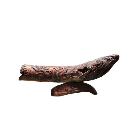Vintage Chinese Bamboo Carved Dragon Theme Boat Shape Display Art Figure GB636S