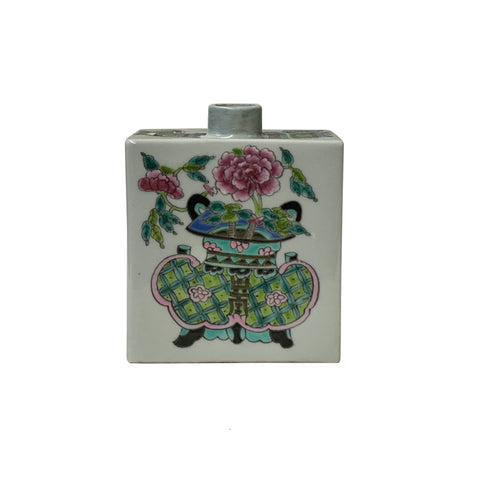 Chinese Flower Ding Vase Graphic Rectangular Porcelain Tea Caddy Jar GB649S