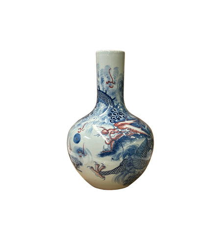 Oriental Blue Red Dragon Graphic Fat Body White Porcelain Art Vase GB655S