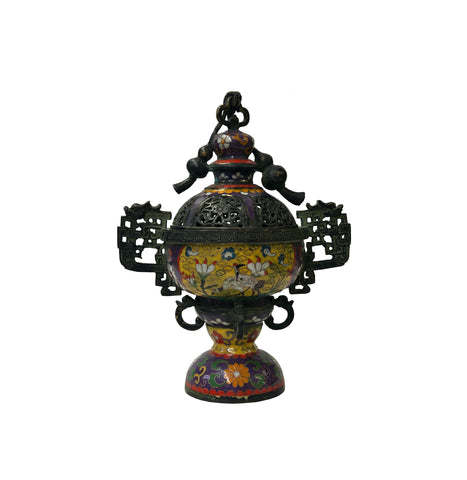 Chinese Metal Blue Yellow Enamel Cloisonne Ding Shape  Incense Burner Figure GB657S