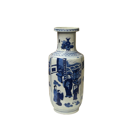 Oriental Blue White People House Gathering Graphic Porcelain Art Vase GB658S