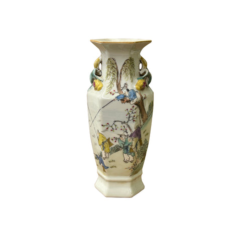 Chinese Scenery Graphic Hexagonal White Porcelain Art Vase GB660S