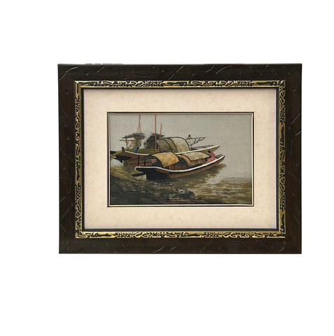 Vintage Embroidery River Vessel Boats Rectangular Framed Art GB663S
