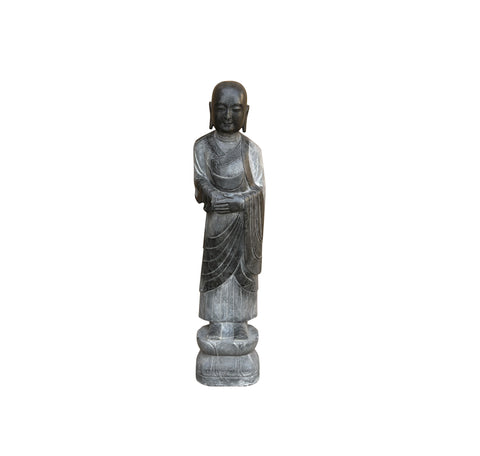Chinese Weathered Black Gray Patina Stone Standing Monk Luohan Arhat Statue GB666S
