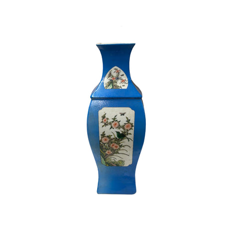 Chinese Bright Blue White Window Scenery Graphic Square Porcelain Vase GB668S