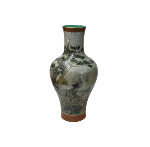 Chinese Gray Crackle 3 Rams Round Porcelain Vase GB670S