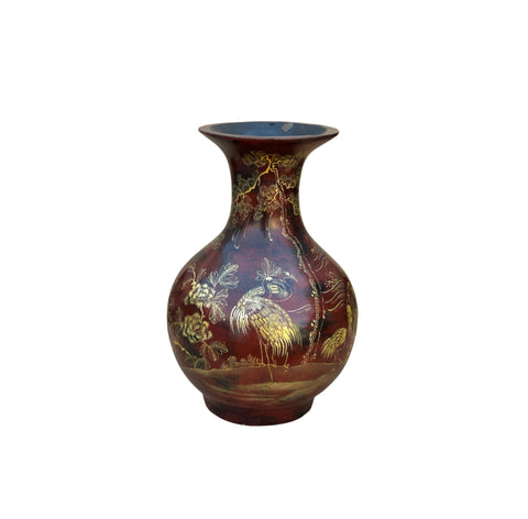 Chinese Brown Lacquer Golden Scenery Decorative Wood Vase Art GB671S