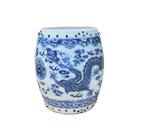 9.5" Chinese Blue White Porcelain Double Dragons Round Shape Stand Display Art GB677S