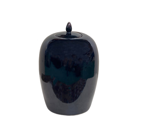 Black Monochrome Minimalistic Ovoid Round Teardop Finial Lid Ceramic Jar GB680S