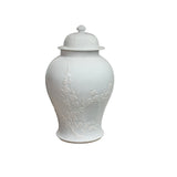 White Monochrome Round Relief Floral Motif Ceramic General Temple Jar GB681S
