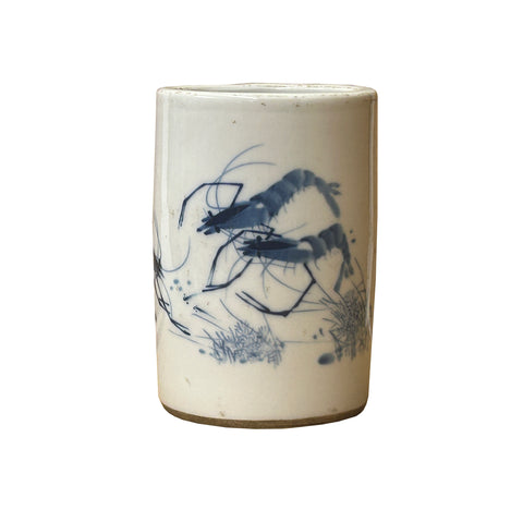Chinese Distressed White Porcelain Blue Shrimps Graphic Holder Vase GB683S
