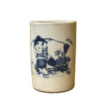 Chinese Distressed White Porcelain Blue Kid Playing Graphic Holder Vase GB685S