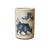 Chinese Distressed White Porcelain Blue Kids Cow Graphic Holder Vase GB687S