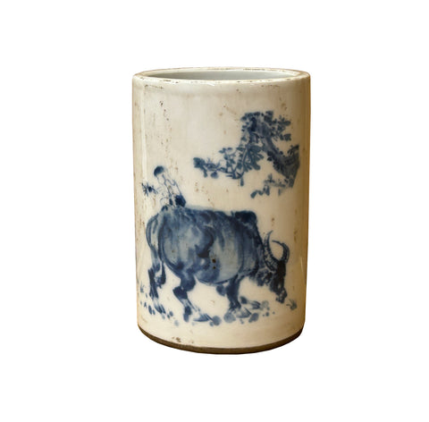 Chinese Distressed White Porcelain Blue Kids Cow Graphic Holder Vase GB687S
