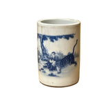 Chinese Distressed White Porcelain Blue Men Tiger Graphic Holder Vase GB689S