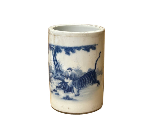 Chinese Distressed White Porcelain Blue Men Tiger Graphic Holder Vase GB689S