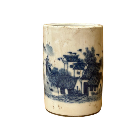 Chinese Distressed White Porcelain Blue Mountain Houses Graphic Holder Vase GB690S