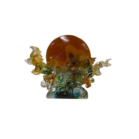 Crystal Glass Wild Horses Galloping Orange Sun Moon Back Sculpture Figure GB711S