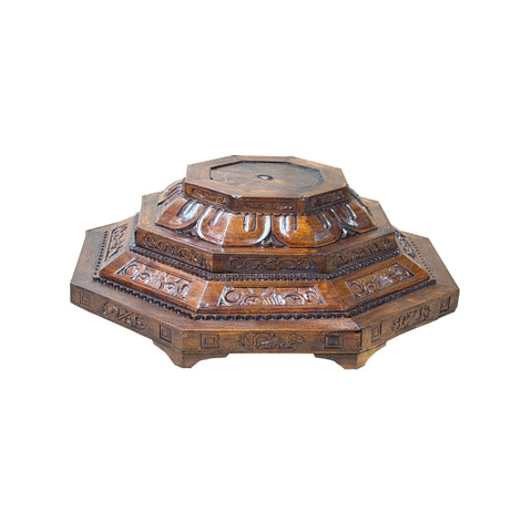 4.5" Vintage Octagonal Wood Carved Steps Lotus Motif Display Base Stand GB724S