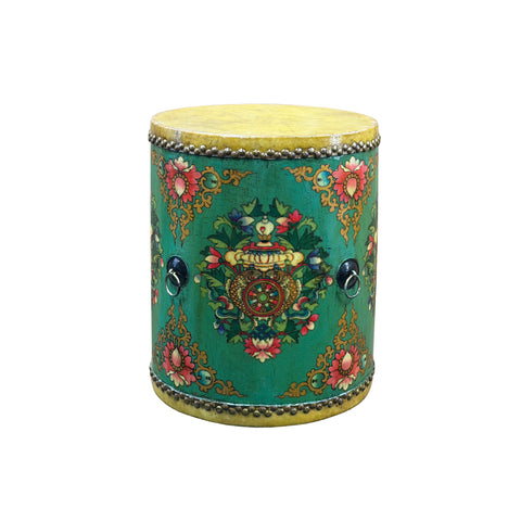 Teal Turquoise Green Tibetan Drum Style Lotus Jewel Graphic Table Stool GB725S